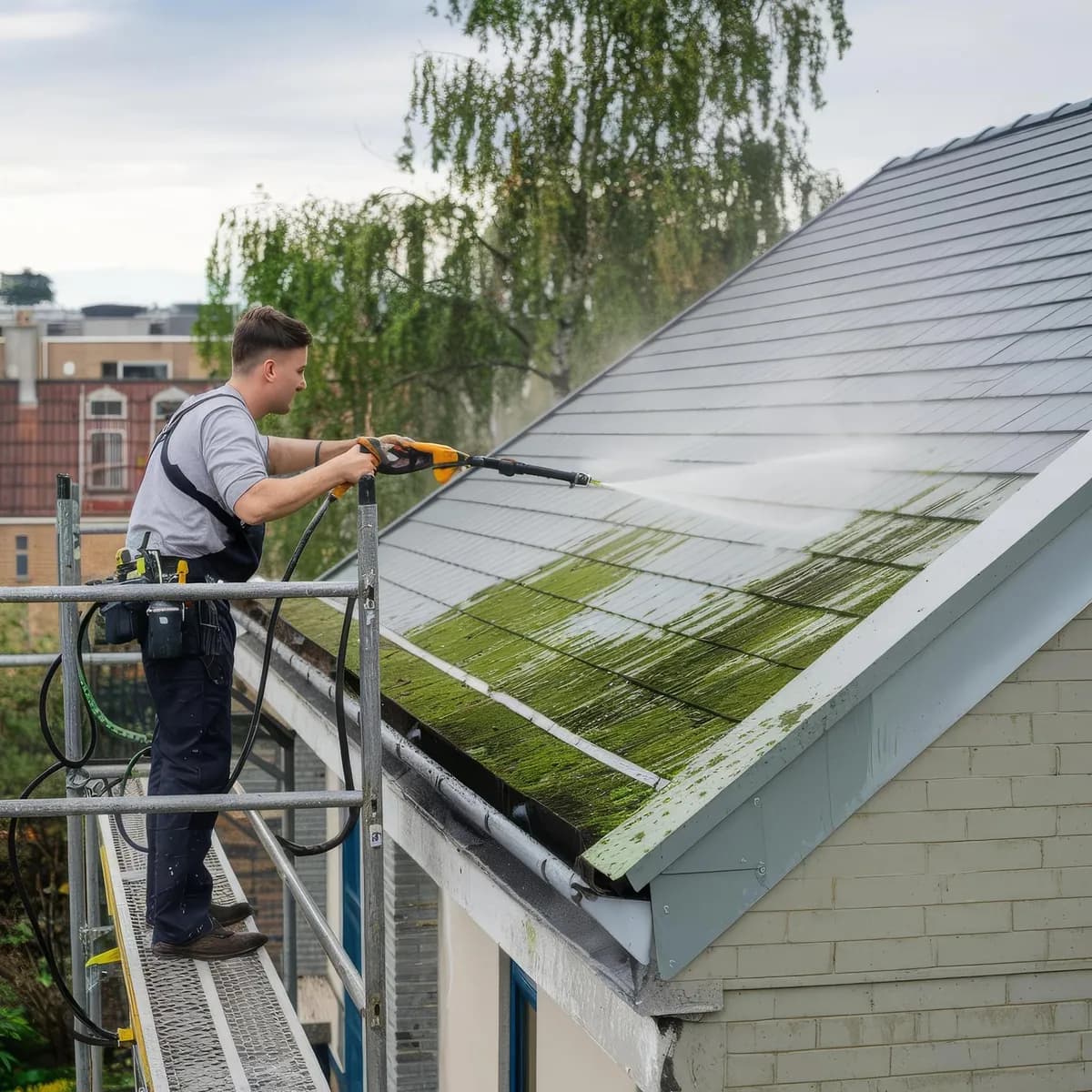 Technician soft-washing moss off a roof