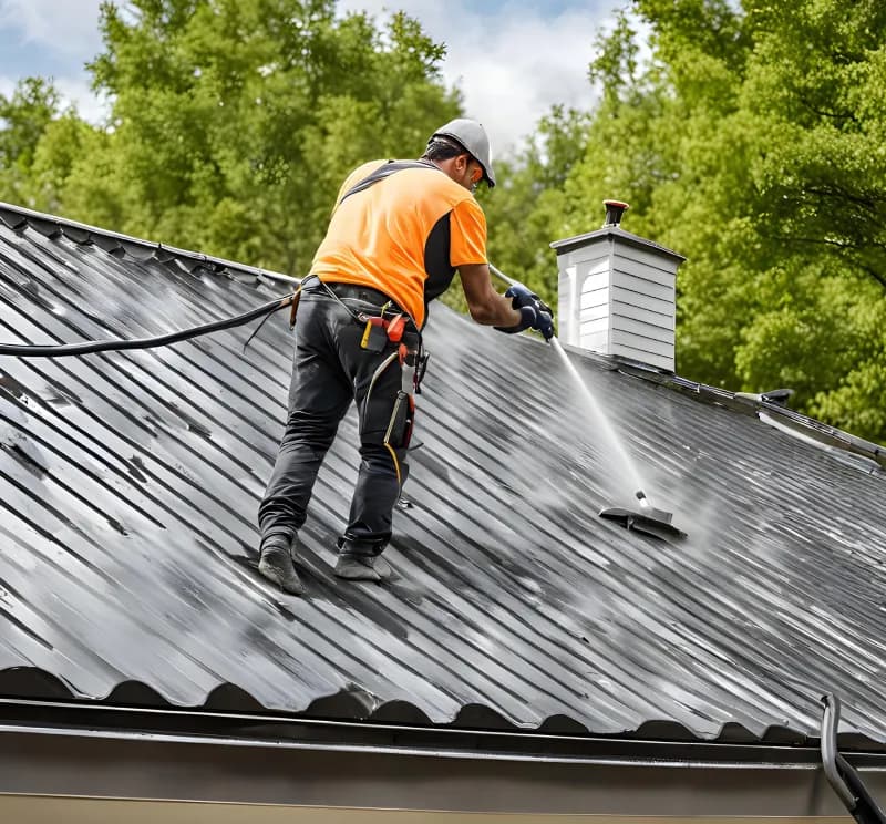 Technician soft-washing a metal roof