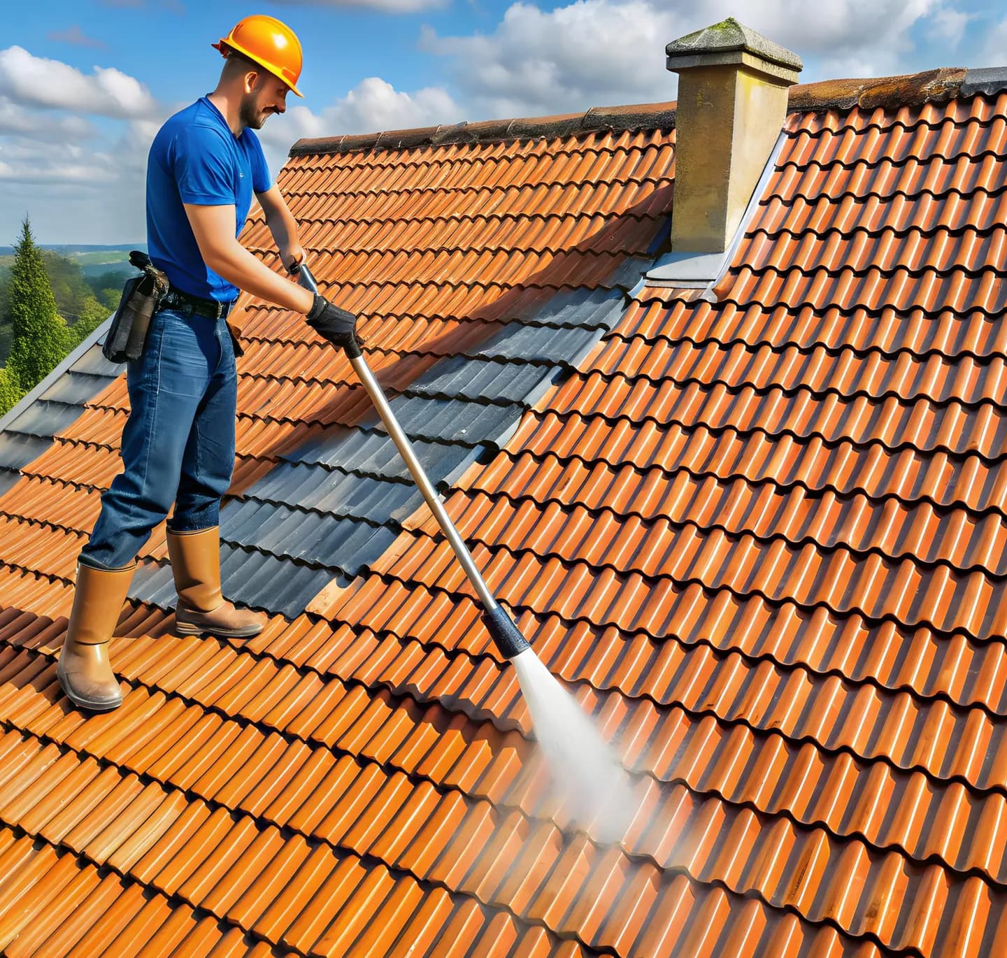 Technician cleaning a tile roof